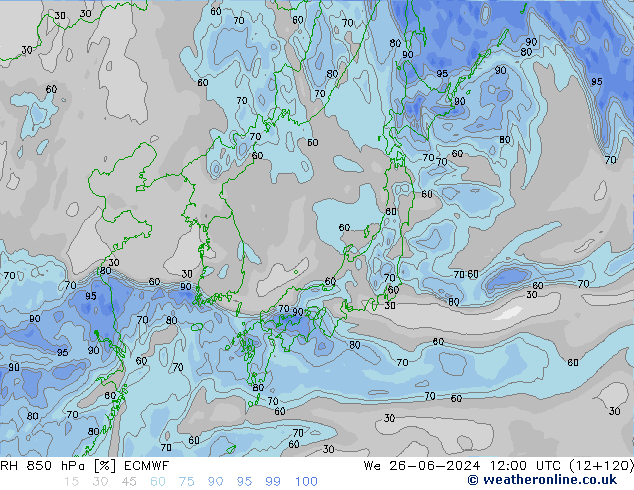 RH 850 гПа ECMWF ср 26.06.2024 12 UTC