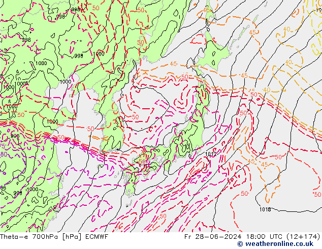 Theta-e 700hPa ECMWF Fr 28.06.2024 18 UTC