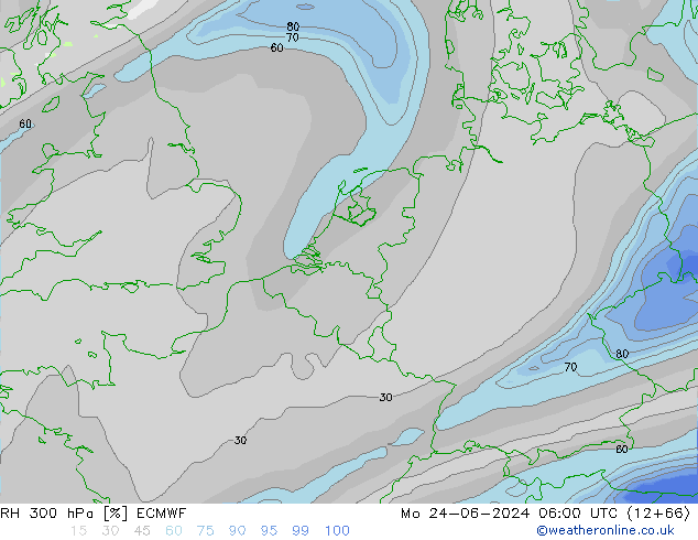 RH 300 hPa ECMWF Mo 24.06.2024 06 UTC