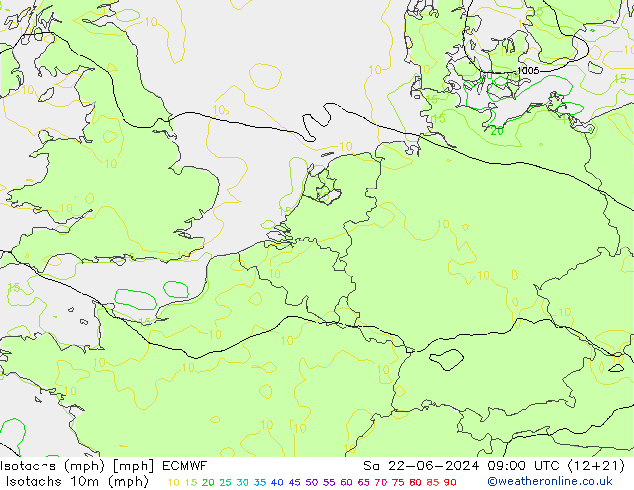 Isotachs (mph) ECMWF 星期六 22.06.2024 09 UTC