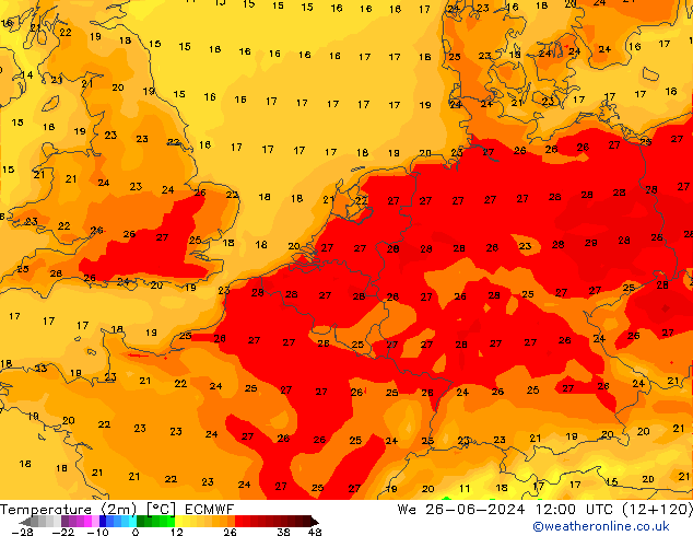 Temperatuurkaart (2m) ECMWF wo 26.06.2024 12 UTC