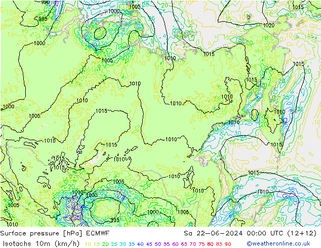 Isotachs (kph) ECMWF Sa 22.06.2024 00 UTC