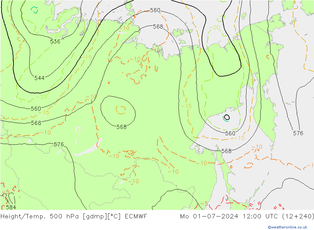 Height/Temp. 500 hPa ECMWF pon. 01.07.2024 12 UTC