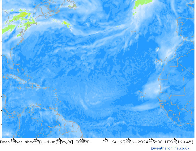 Deep layer shear (0-1km) ECMWF Su 23.06.2024 12 UTC