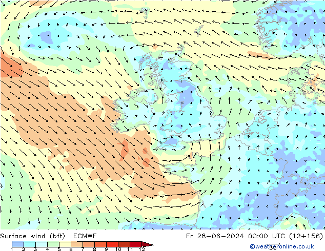 Surface wind (bft) ECMWF Pá 28.06.2024 00 UTC