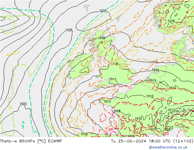 Theta-e 850hPa ECMWF mar 25.06.2024 18 UTC