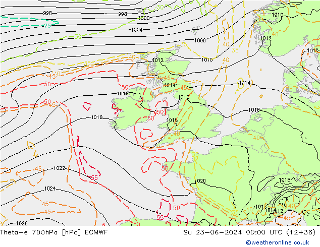 Theta-e 700hPa ECMWF dom 23.06.2024 00 UTC