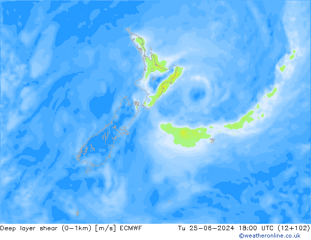 Deep layer shear (0-1km) ECMWF  25.06.2024 18 UTC