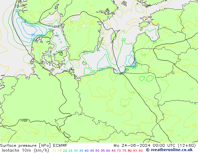 Isotachen (km/h) ECMWF ma 24.06.2024 00 UTC