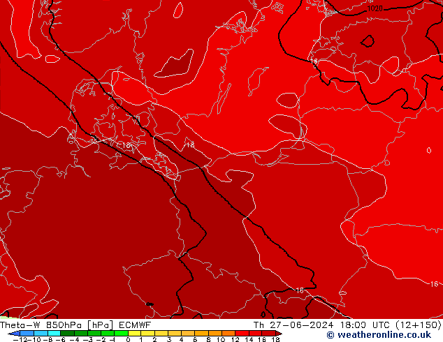 Theta-W 850hPa ECMWF czw. 27.06.2024 18 UTC