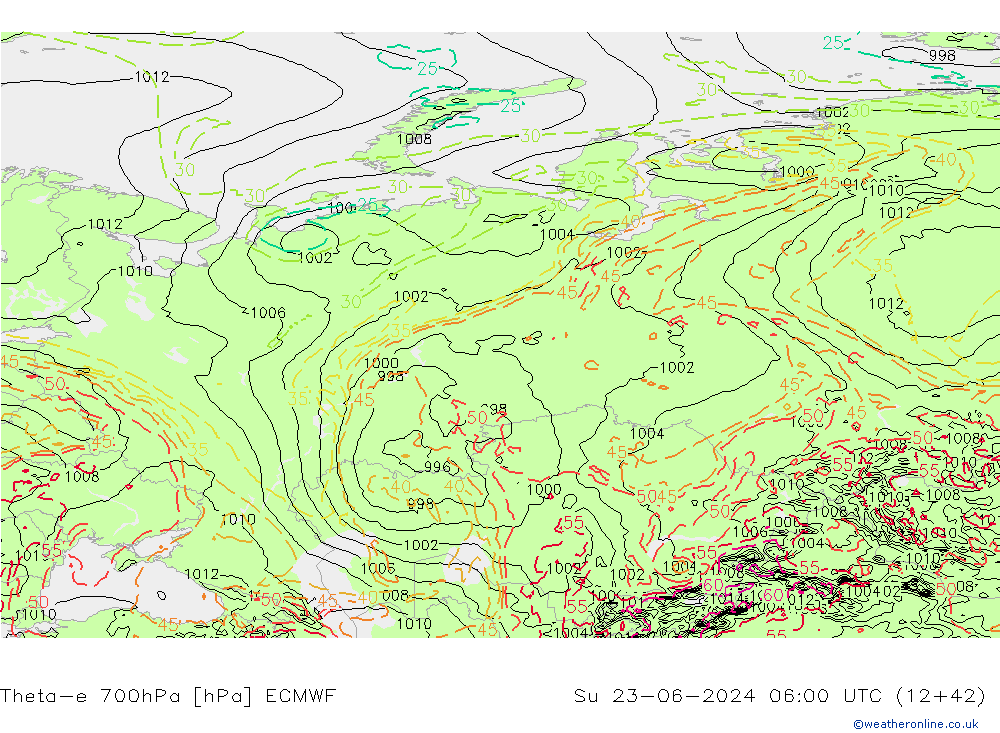 Theta-e 700hPa ECMWF Ne 23.06.2024 06 UTC