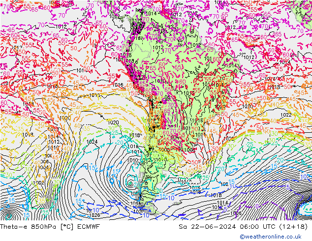 Theta-e 850hPa ECMWF za 22.06.2024 06 UTC