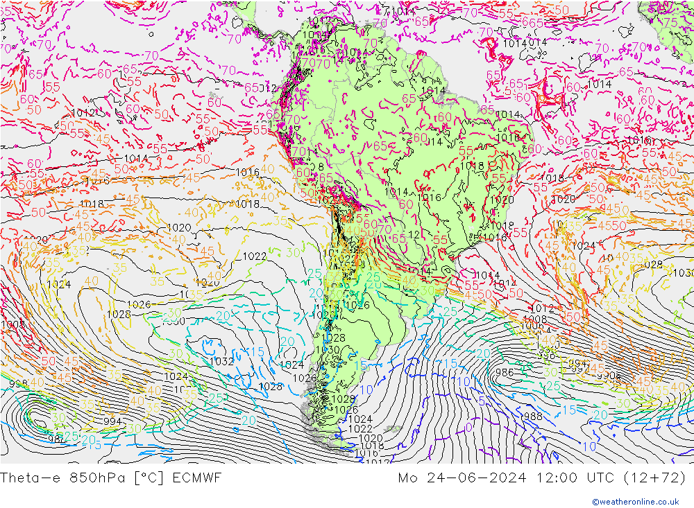 Theta-e 850hPa ECMWF ma 24.06.2024 12 UTC