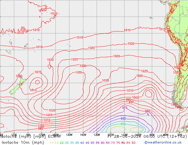 Isotachs (mph) ECMWF ven 28.06.2024 06 UTC