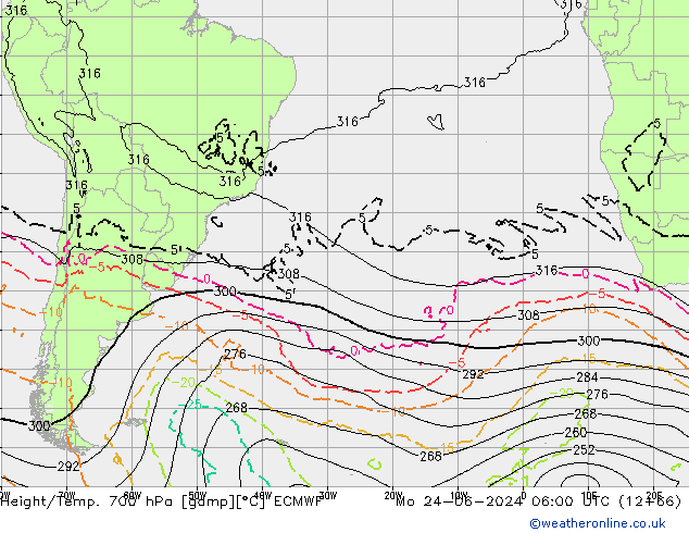 Height/Temp. 700 hPa ECMWF pon. 24.06.2024 06 UTC