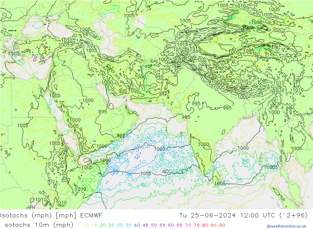 Isotachs (mph) ECMWF Út 25.06.2024 12 UTC
