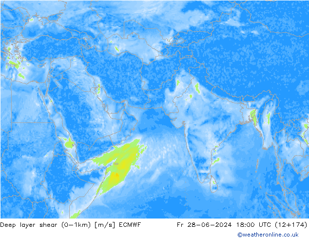 Deep layer shear (0-1km) ECMWF pt. 28.06.2024 18 UTC