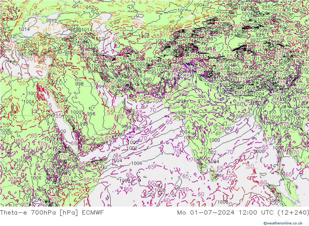 Theta-e 700гПа ECMWF пн 01.07.2024 12 UTC