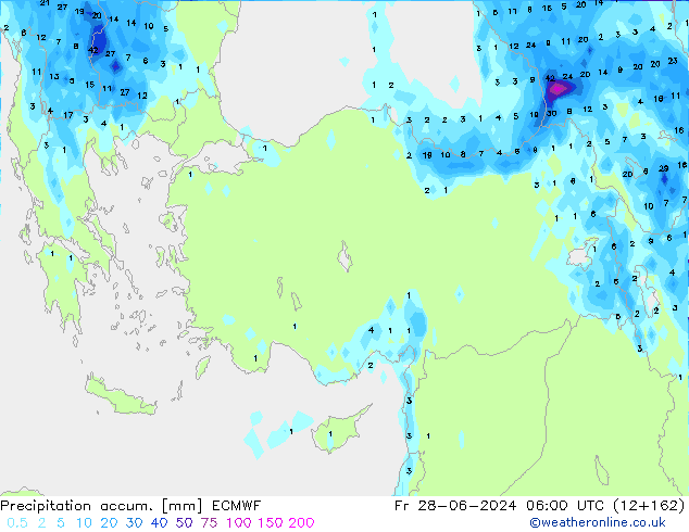 Precipitation accum. ECMWF Fr 28.06.2024 06 UTC