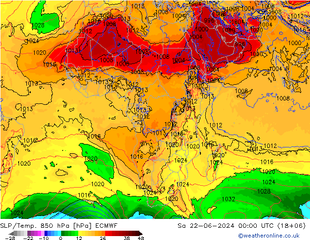 SLP/Temp. 850 гПа ECMWF сб 22.06.2024 00 UTC