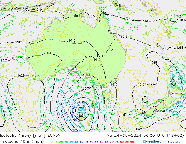 Isotachs (mph) ECMWF lun 24.06.2024 06 UTC