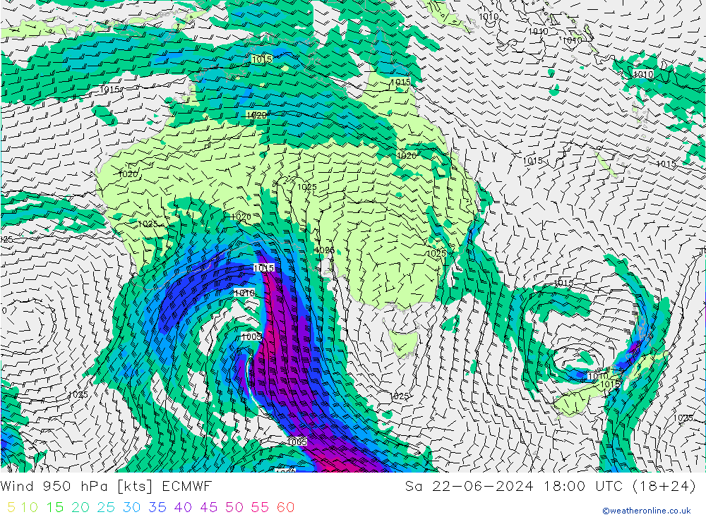 Wind 950 hPa ECMWF Sa 22.06.2024 18 UTC