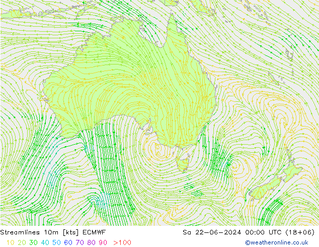 Linea di flusso 10m ECMWF sab 22.06.2024 00 UTC