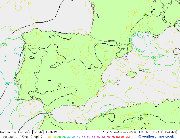 Isotachen (mph) ECMWF zo 23.06.2024 18 UTC