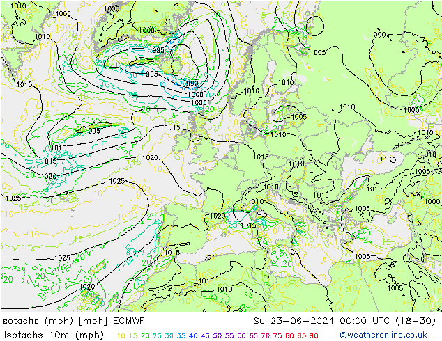 Isotaca (mph) ECMWF dom 23.06.2024 00 UTC