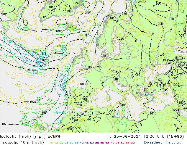 Isotachs (mph) ECMWF 星期二 25.06.2024 12 UTC