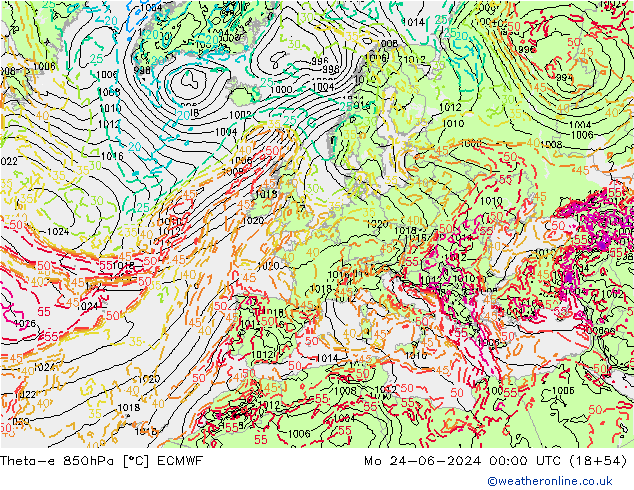 Theta-e 850гПа ECMWF пн 24.06.2024 00 UTC