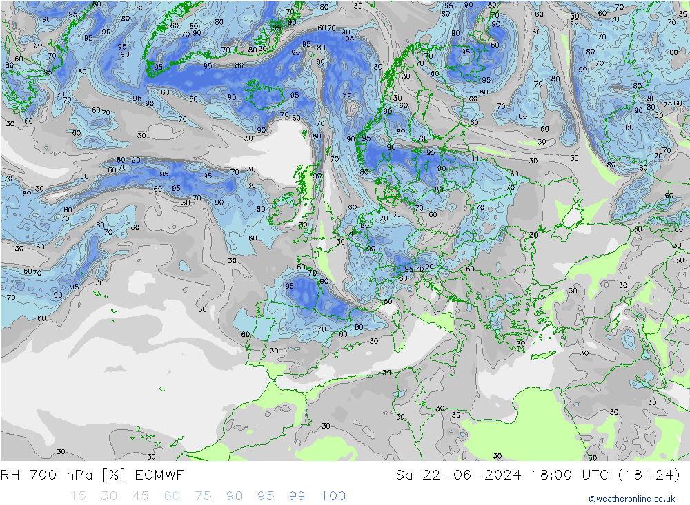 Humidité rel. 700 hPa ECMWF sam 22.06.2024 18 UTC