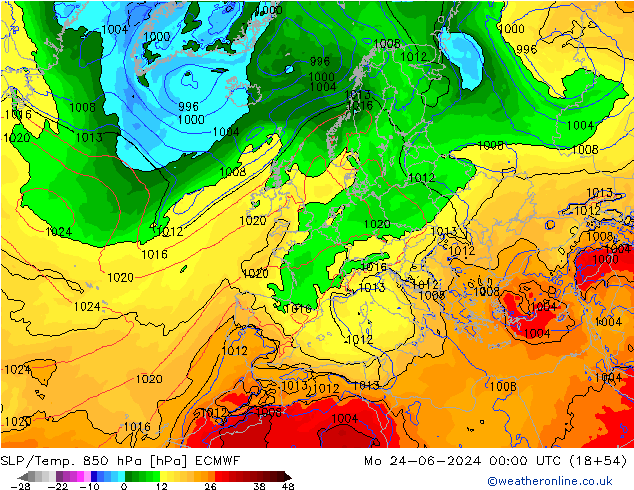 SLP/Temp. 850 hPa ECMWF pon. 24.06.2024 00 UTC