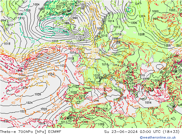 Theta-e 700hPa ECMWF Paz 23.06.2024 03 UTC