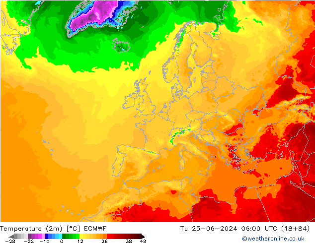 Temperatuurkaart (2m) ECMWF di 25.06.2024 06 UTC