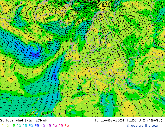 Vent 10 m ECMWF mar 25.06.2024 12 UTC