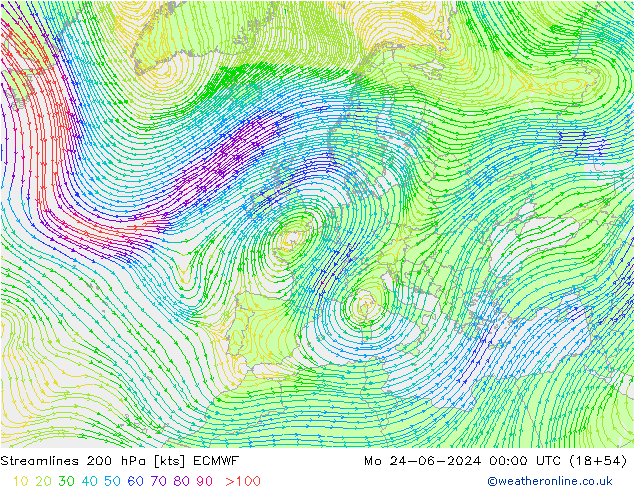 Linia prądu 200 hPa ECMWF pon. 24.06.2024 00 UTC