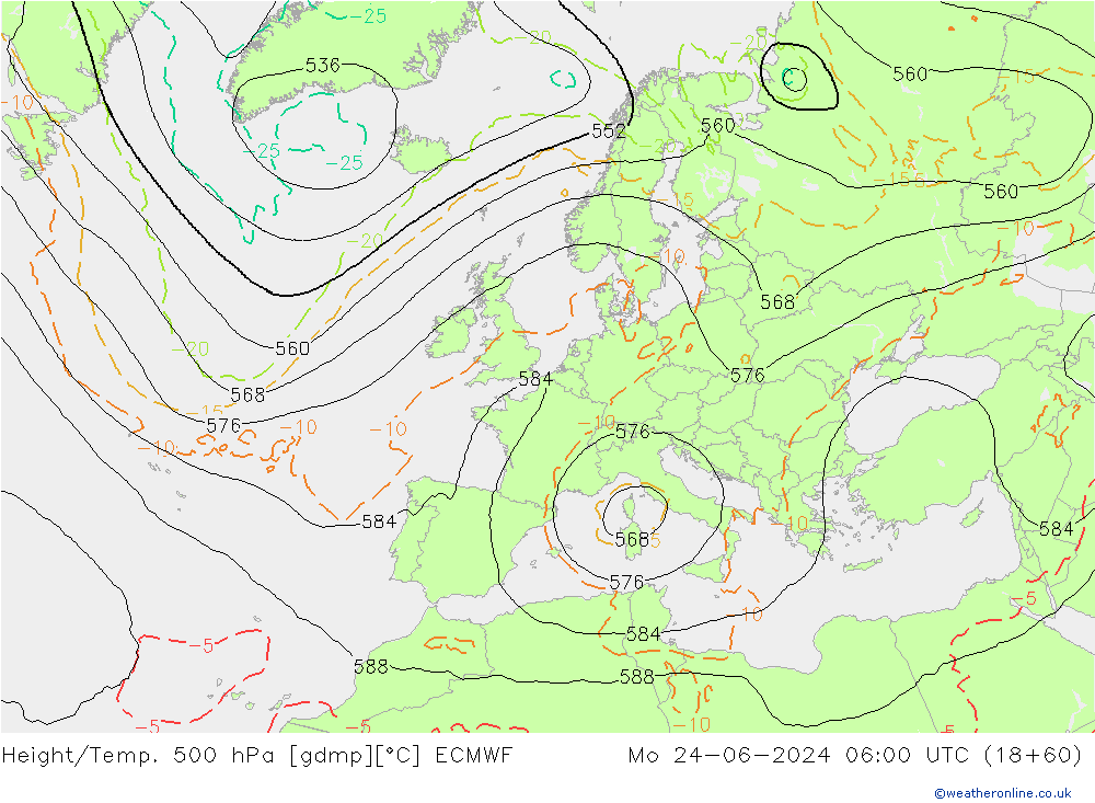 Z500/Rain (+SLP)/Z850 ECMWF Mo 24.06.2024 06 UTC