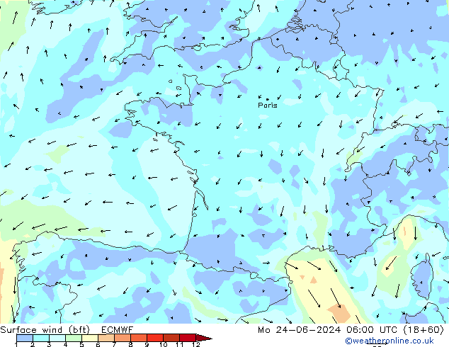 Vento 10 m (bft) ECMWF lun 24.06.2024 06 UTC