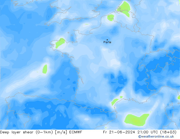 Deep layer shear (0-1km) ECMWF Fr 21.06.2024 21 UTC