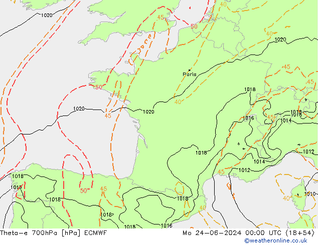 Theta-e 700hPa ECMWF Po 24.06.2024 00 UTC