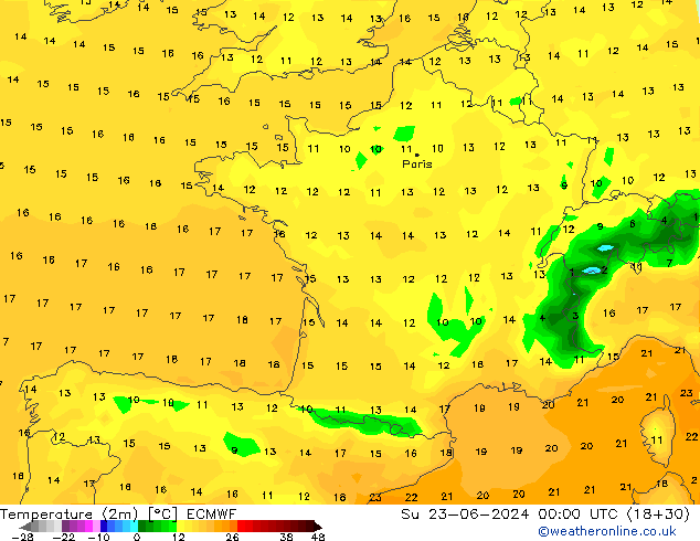 mapa temperatury (2m) ECMWF nie. 23.06.2024 00 UTC