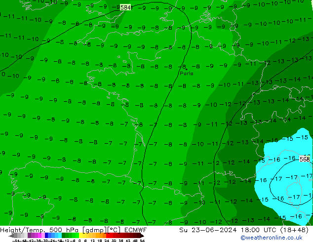 Z500/Yağmur (+YB)/Z850 ECMWF Paz 23.06.2024 18 UTC