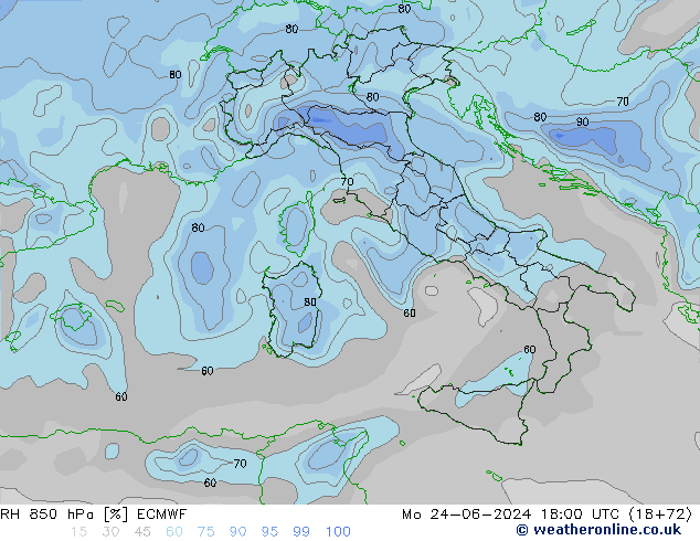 RH 850 hPa ECMWF Po 24.06.2024 18 UTC