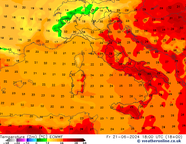 карта температуры ECMWF пт 21.06.2024 18 UTC