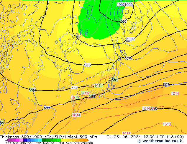 Thck 500-1000гПа ECMWF вт 25.06.2024 12 UTC