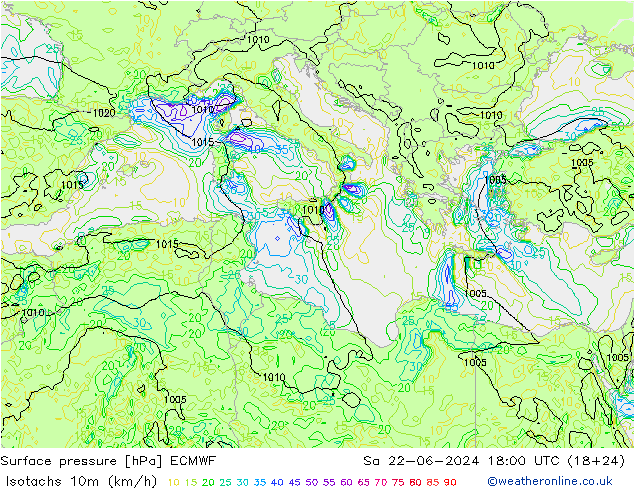 Isotachs (kph) ECMWF сб 22.06.2024 18 UTC