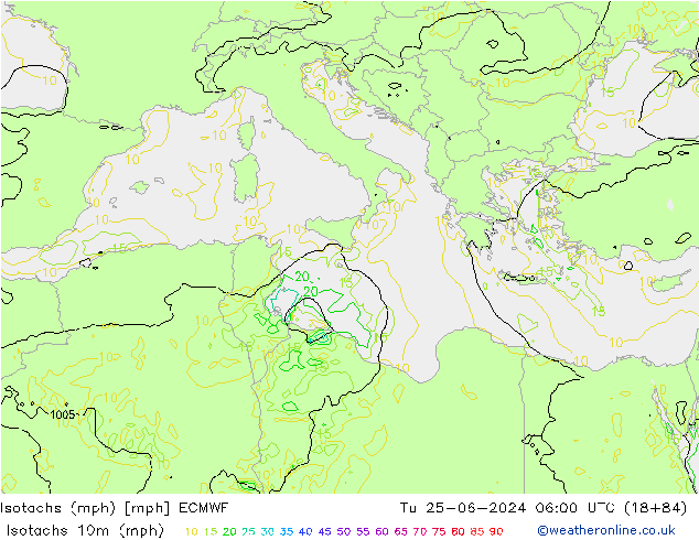 Isotachs (mph) ECMWF Tu 25.06.2024 06 UTC