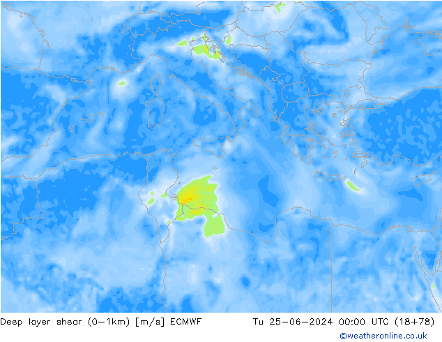 Deep layer shear (0-1km) ECMWF mar 25.06.2024 00 UTC