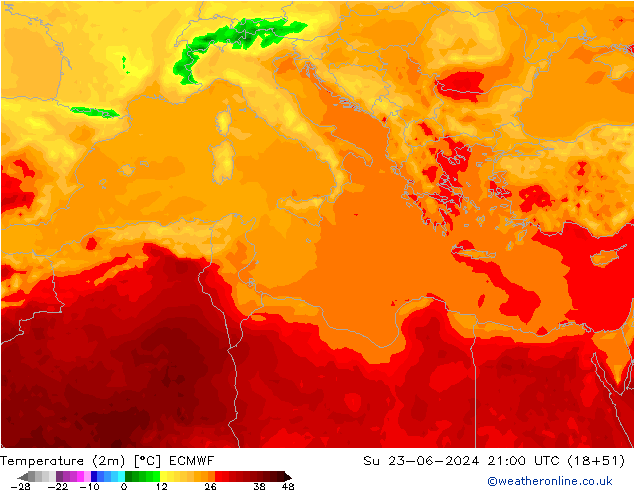 карта температуры ECMWF Вс 23.06.2024 21 UTC